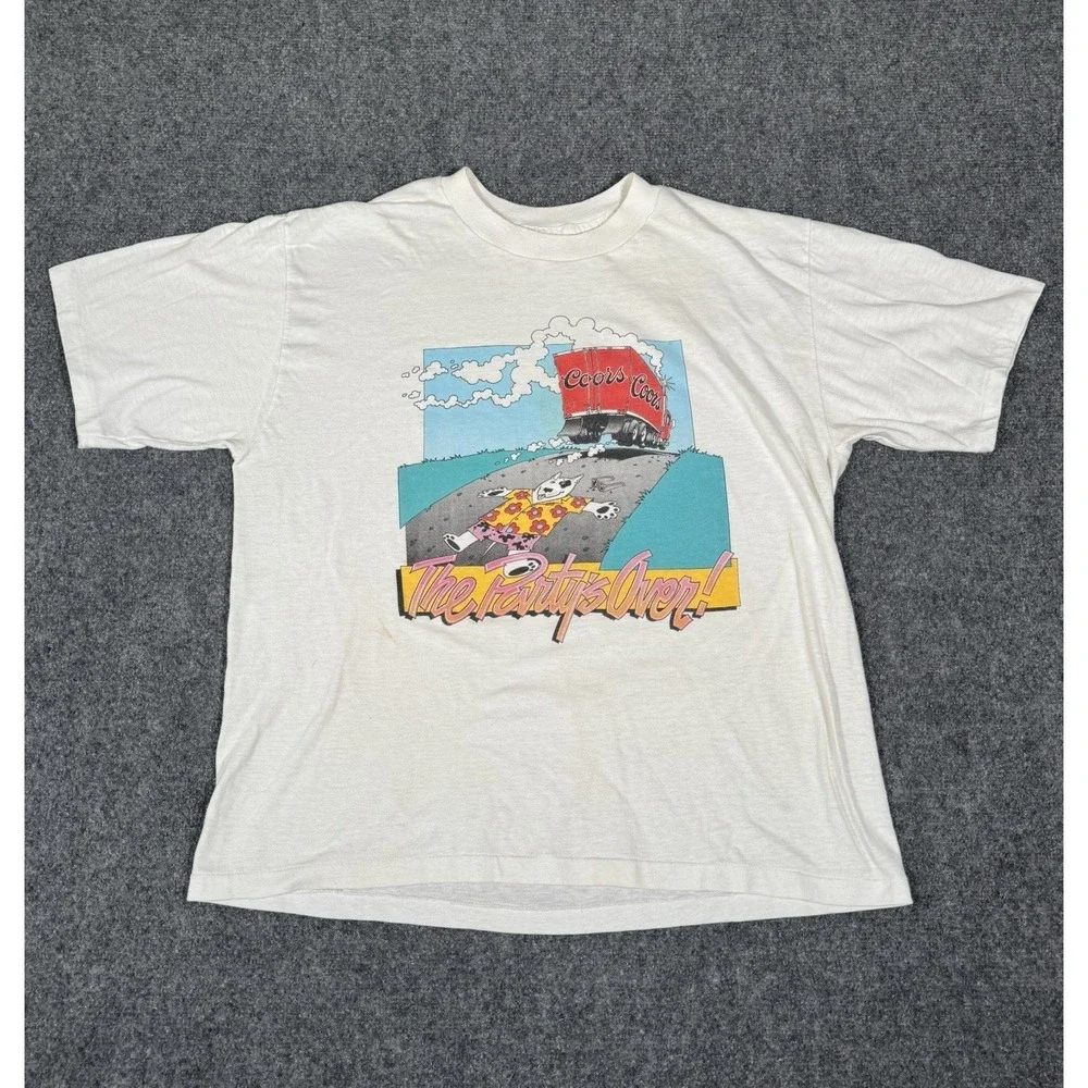 Vintage 80s Coors‎ Beer T Shirt Small Buffalo USA The Party's Over Graphic Rare